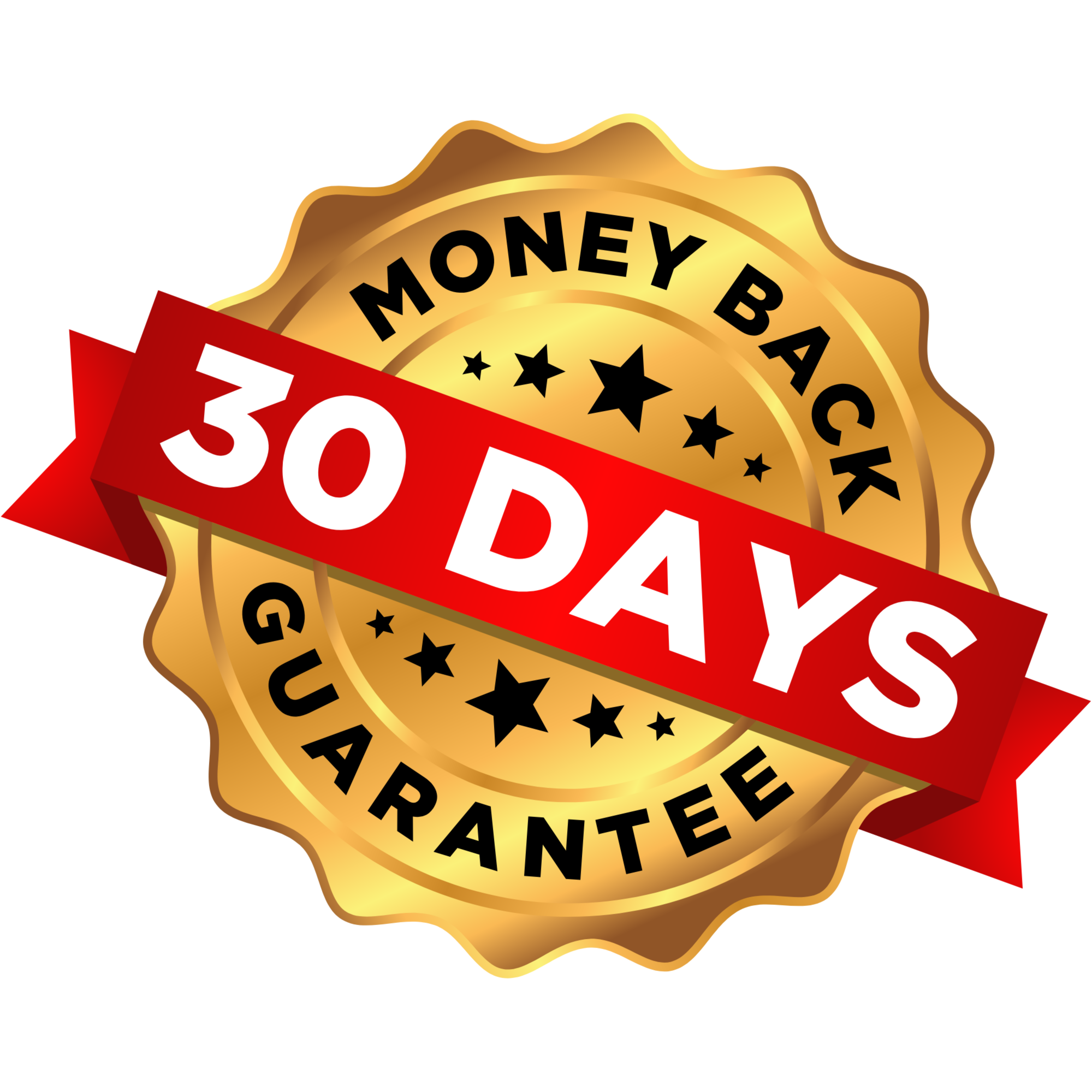 Gold seal with '30 Days Money Back Guarantee' text on a white background